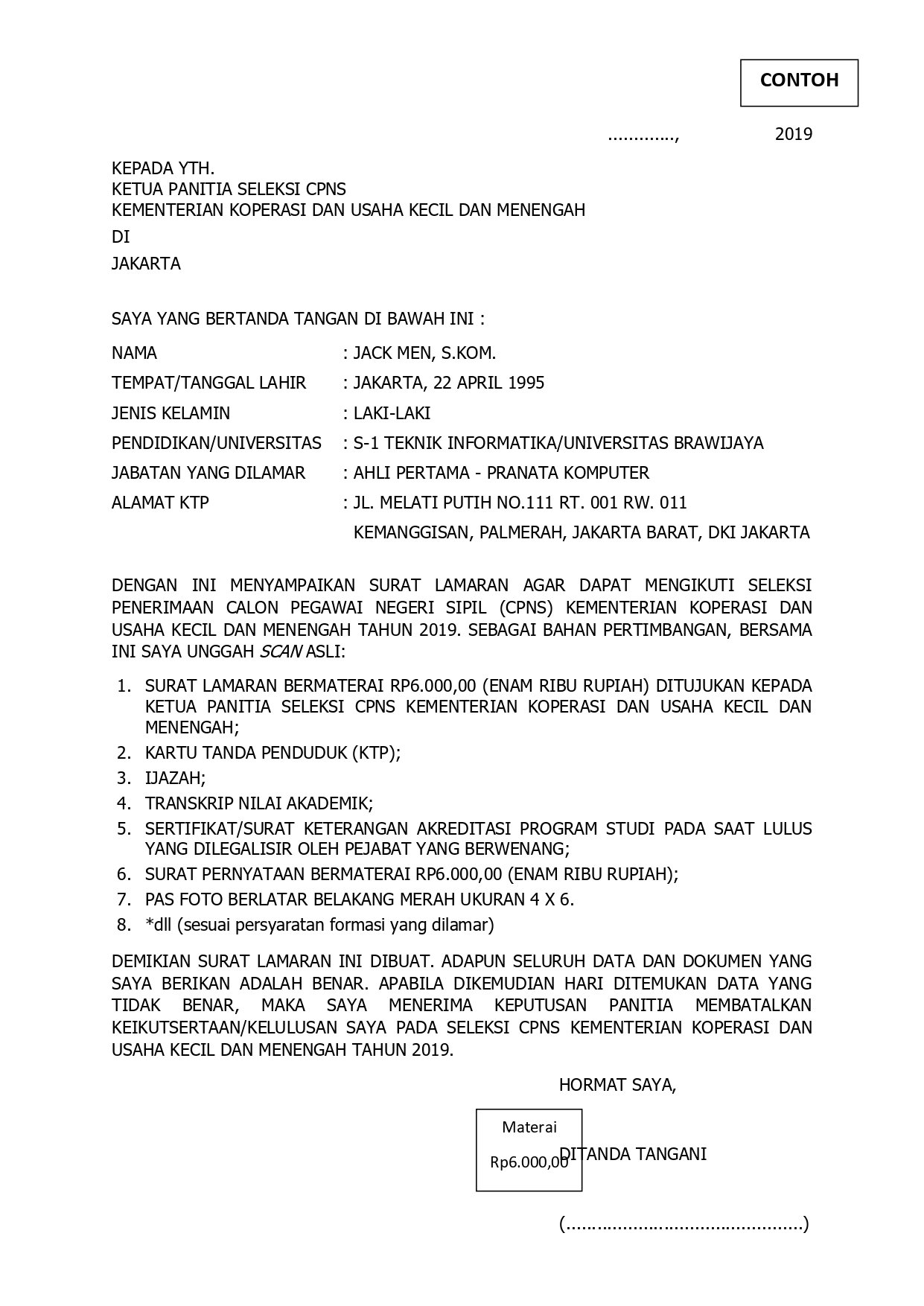 Contoh Surat Lamaran Kerja Kantor Pertanahan