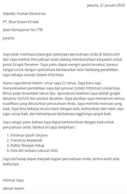 contoh surat lamaran kerja bahasa inggris