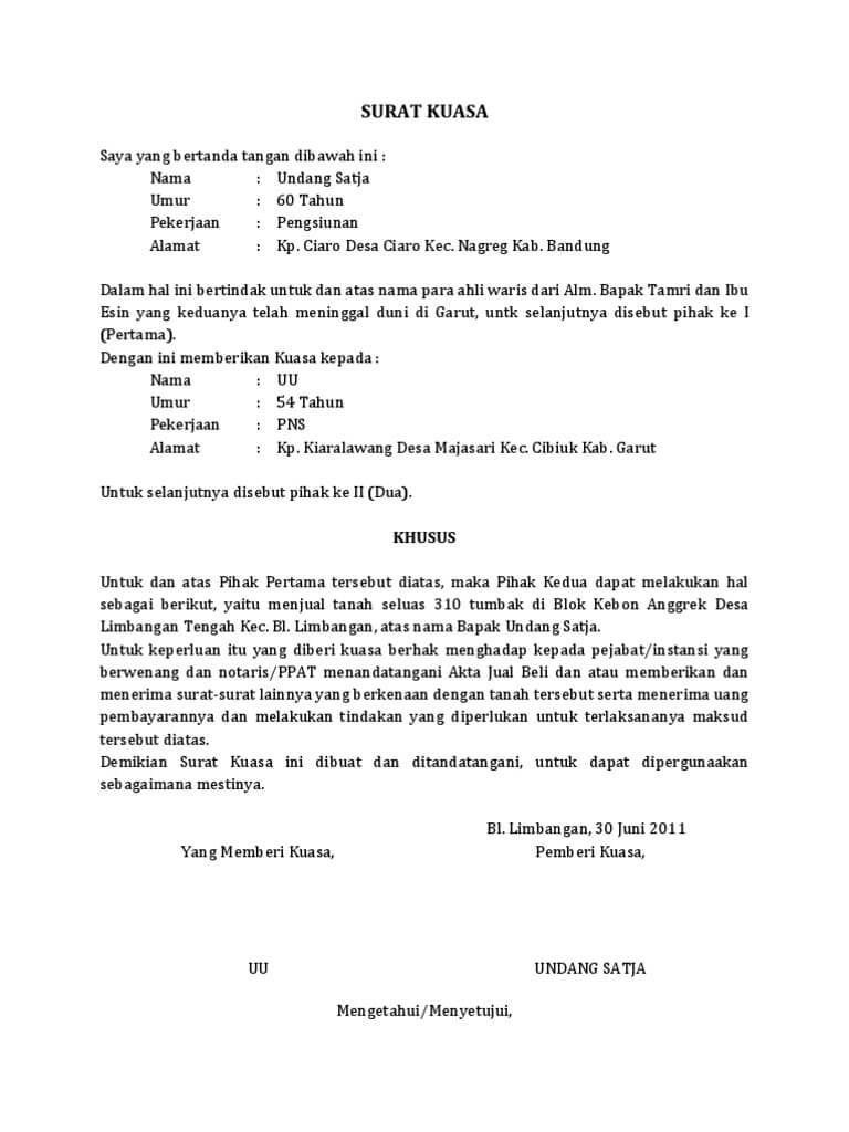 Contoh surat kuasa pengurusan sertifikat tanah hilang Contoh Surat Perjanjian Jual Beli Tanah Pdf Doc Surat Tanah.